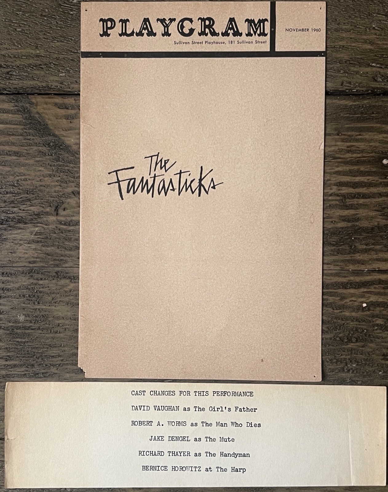 Vintage 1960 The Fantasticks Playgram Program Jerry Orbach Sullivan St w/ Insert
