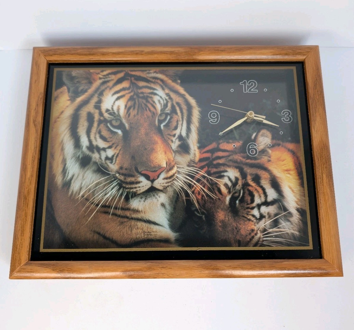 Vintage 90s Wood Glass Shadow Box Tiger Print Wall Clock Rectangle Brown Gold