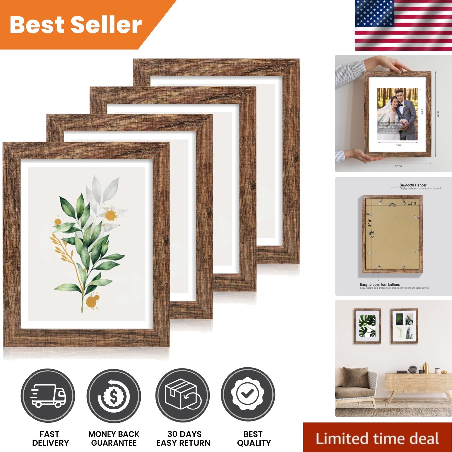 Versatile 11x14 Rustic Brown Photo Frames - Set of 4, Wall and Table Display