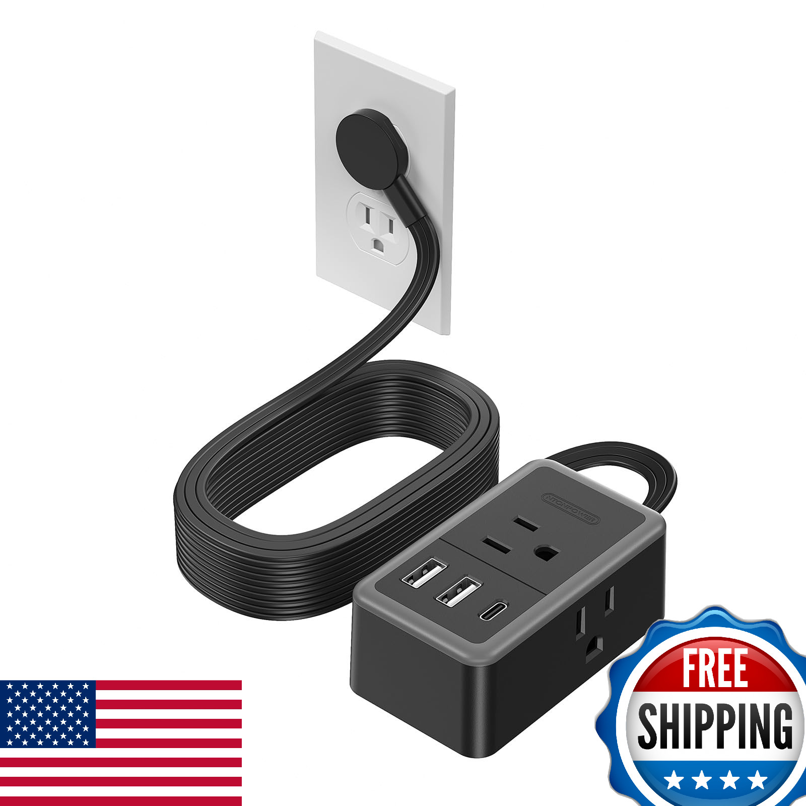NTONPOWER 15ft Flat Plug Power Strip 3 Outlets 3 USB (1 USB C) Black