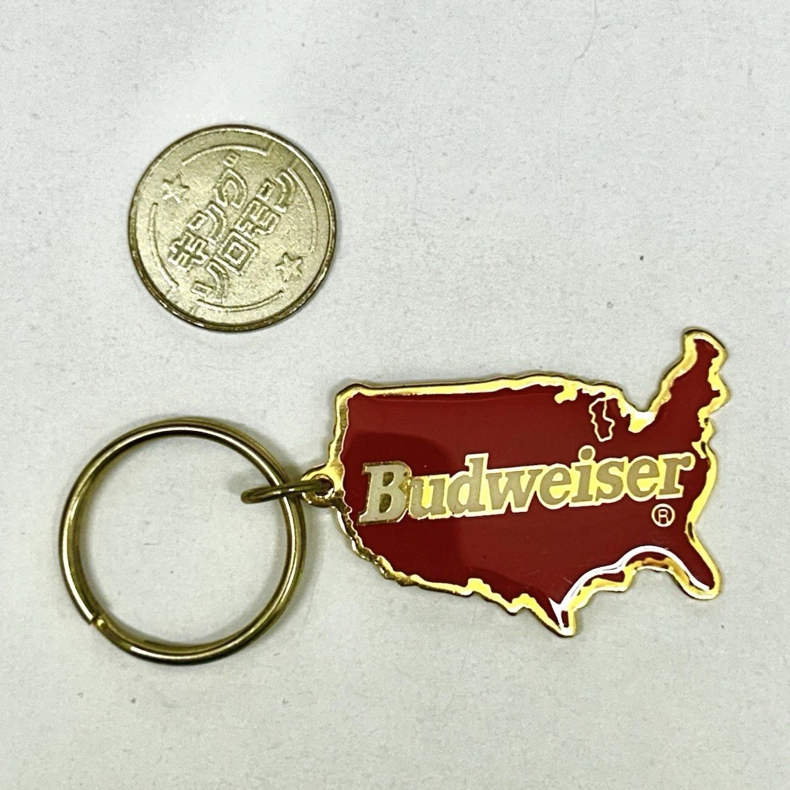Budweiser USA Map Red Gold Metal Keychain with Detachable Keyring