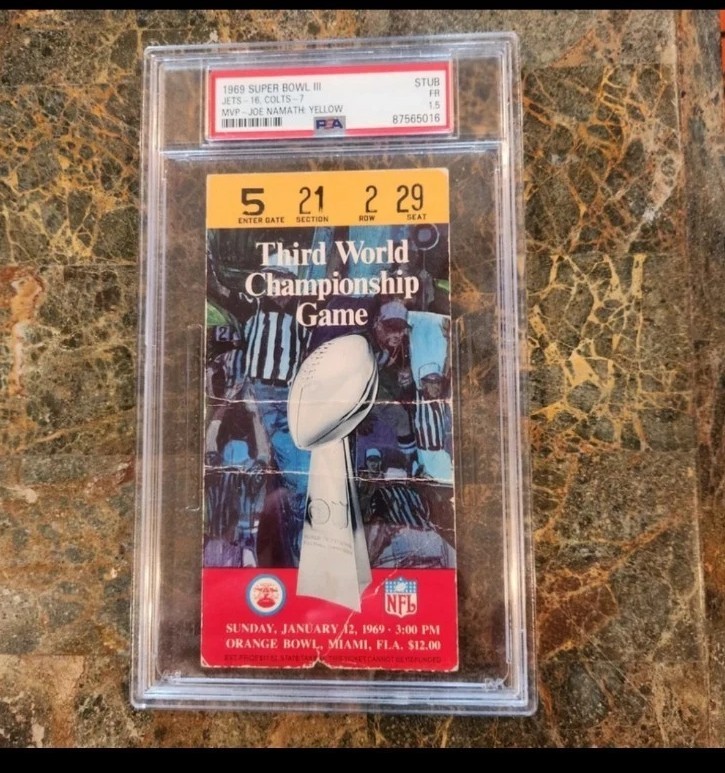 1969 SUPER BOWL III 3 Ticket Stub JOE NAMATH NY JETS VS BALTIMORE COLTS PSA