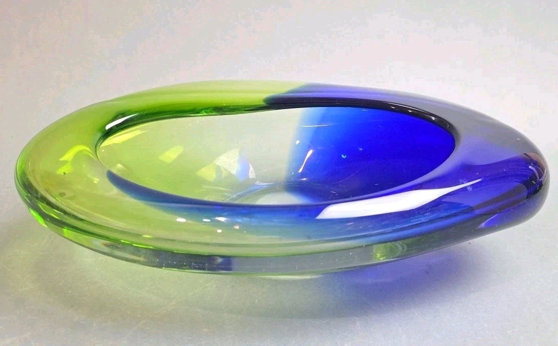 MCM Murano Blown Art Glass Large  2-Tone Blue Green Bowl Planter Ashtray