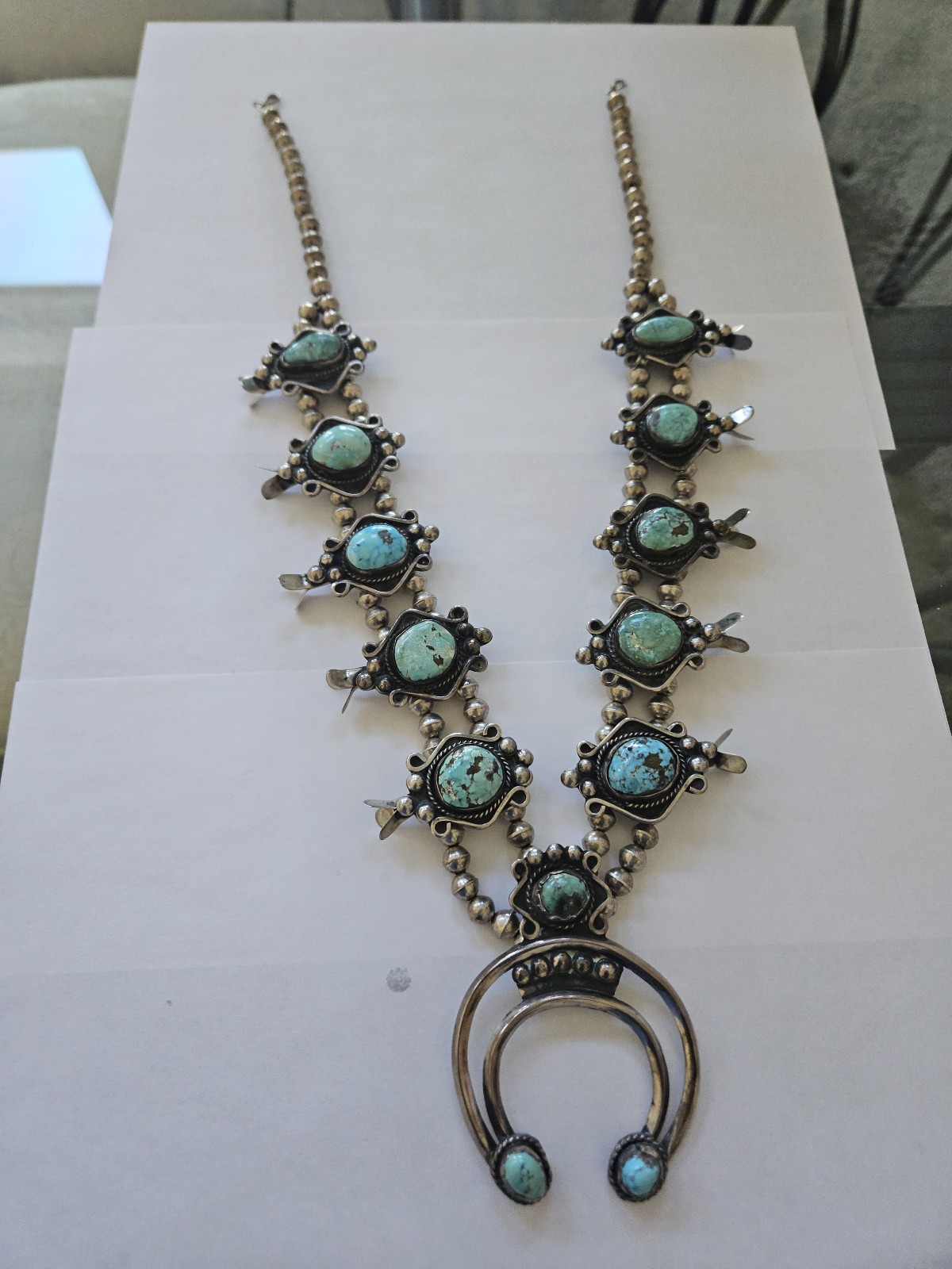 Huge Navajo HH Sterling Turquoise Squash Blossom Necklace 255g Signed