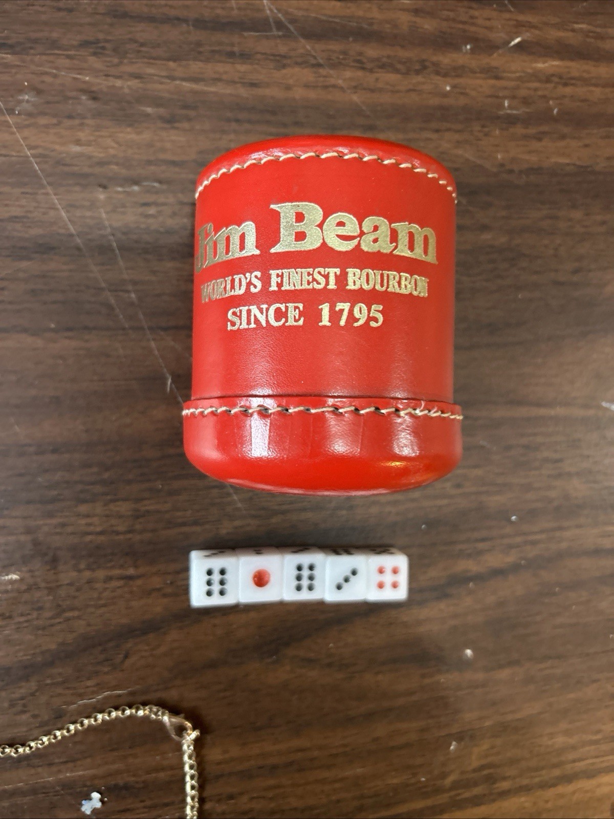 Jim Beam Gold Embossed VINTAGE Dice Cup Red Leather With Dice