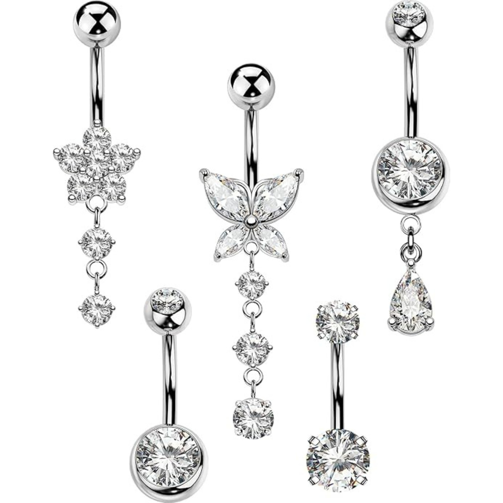 5PCS Belly Button Rings for Women 14G Dangle Navel Piercing Jewelry Set Surgical