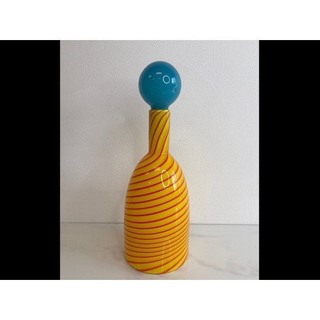 Pinkwater Studios Art Glass Decanter w/ Stopper Yellow Red Spiral Signed 1996