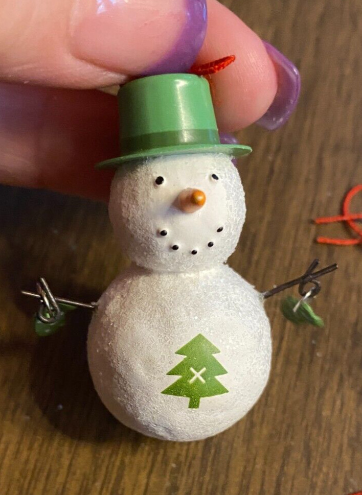 Resin Mini Snowman w Green Dangling Mittens Christmas Ornament 2"