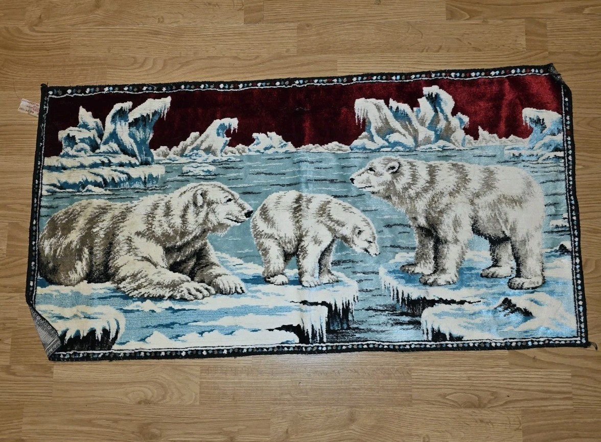 Vintage 70s Polar Bear Tapestry Rug Wall Hanging Velour Velvet 20x38 Retro 