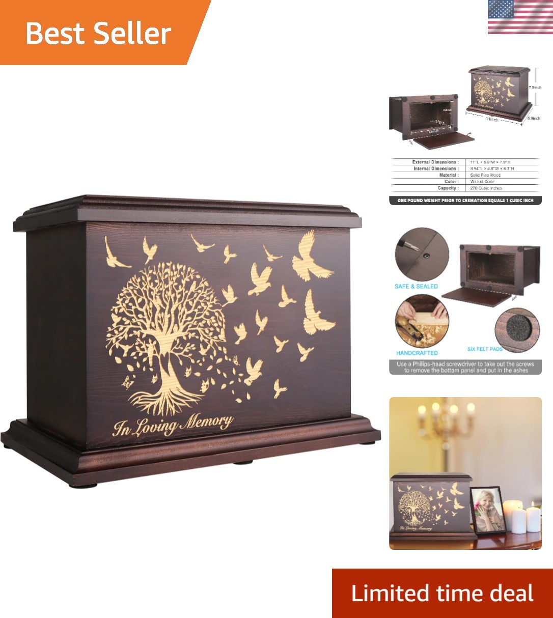 Large Memorial Urn in Walnut Finish for Adult Ashes - Sturdy Pine Wood Design