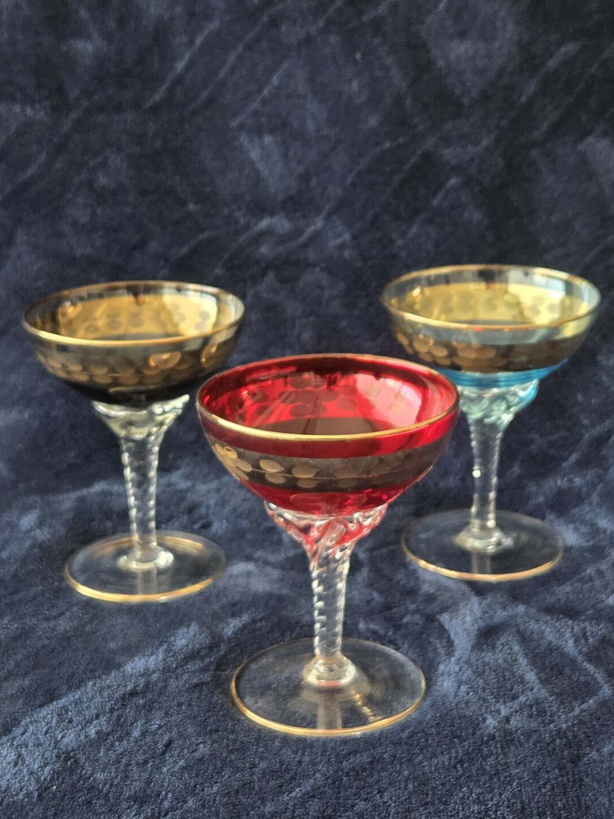 3 Vtg Art Deco Etched Gold Encrusted Rim Champagne Coupe Glasses Rare