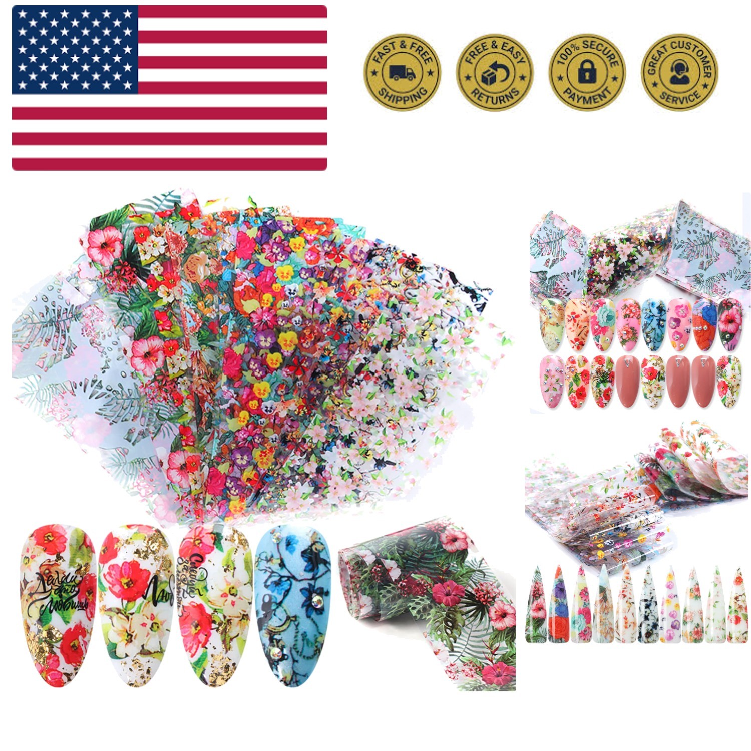 Flowers Nail Foil Transfer Stickers Decals, Flowers Nail Transfer Foils Stick...