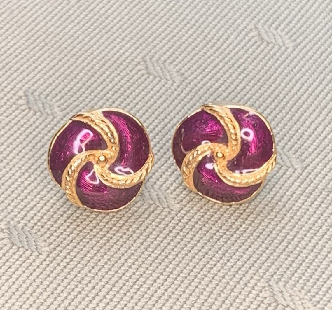 Vintage Crown Trifari Gold Tone & Purple Enamel Pierced Earrings W/Swirl Design
