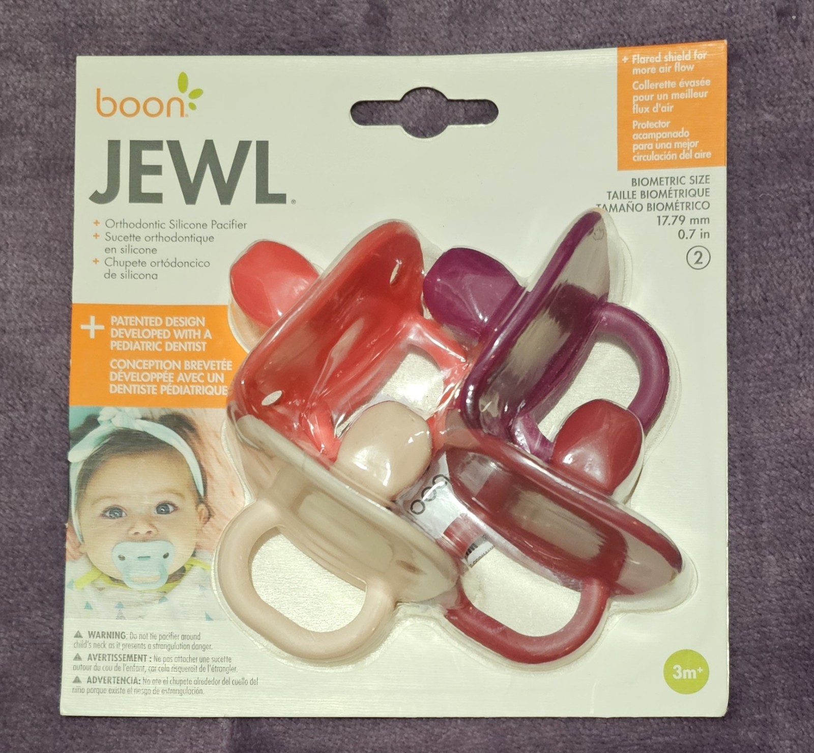 Jewl, Orthodontic Silicone Pacifier, Size 2 (17.79mm 0.7 In) Red Purple Burgundy