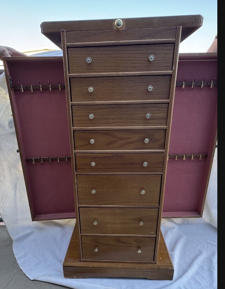 Brown Wood Jewelry Armoire Mirror Velvet Lined Multiple Drawers