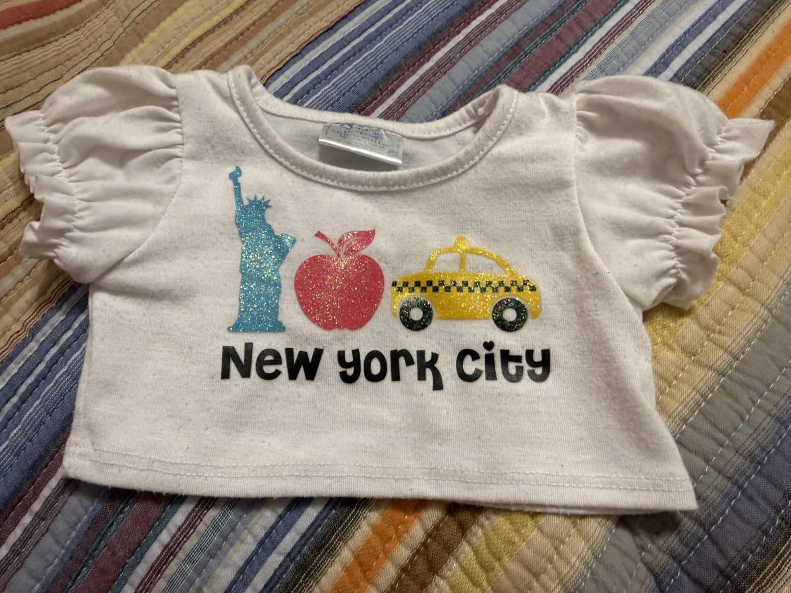 Build A Bear 2014 Sparkly New York City White T-shirt Blouse Puff Sleeves