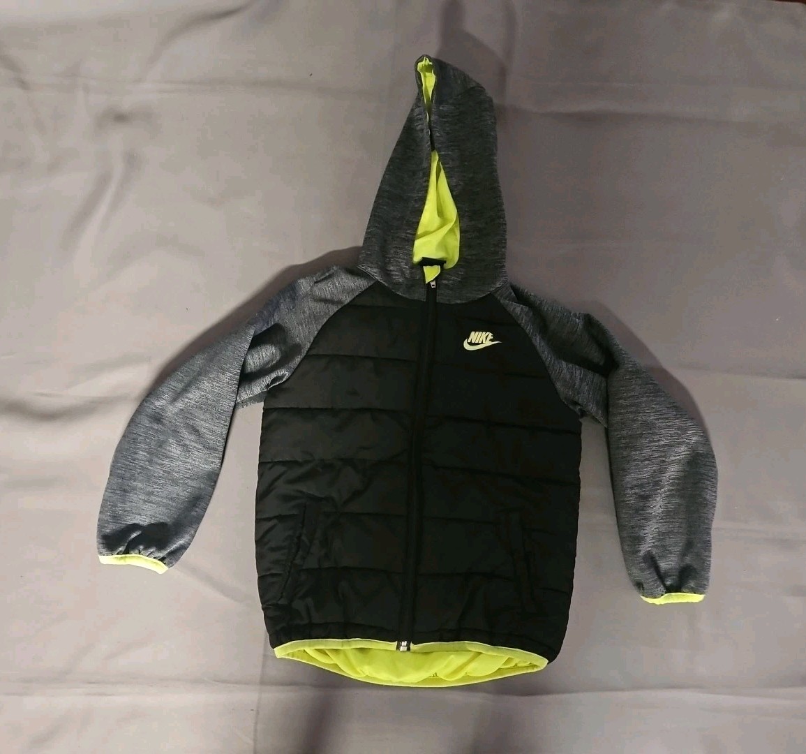 Nike Hoodie Puffer Boys Size 6m Gray Black Fluorescent Green Front Zip Pockets