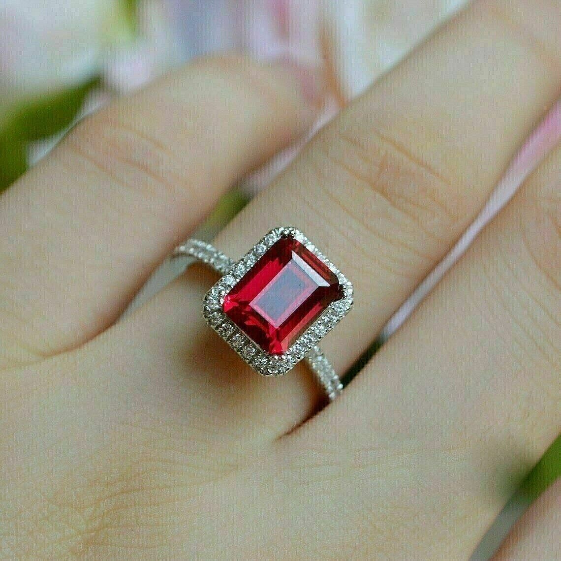 Emerald Cut Halo Bridal Wedding Ring 14K White Gold Plated 2.2 Ct Simulated Ruby
