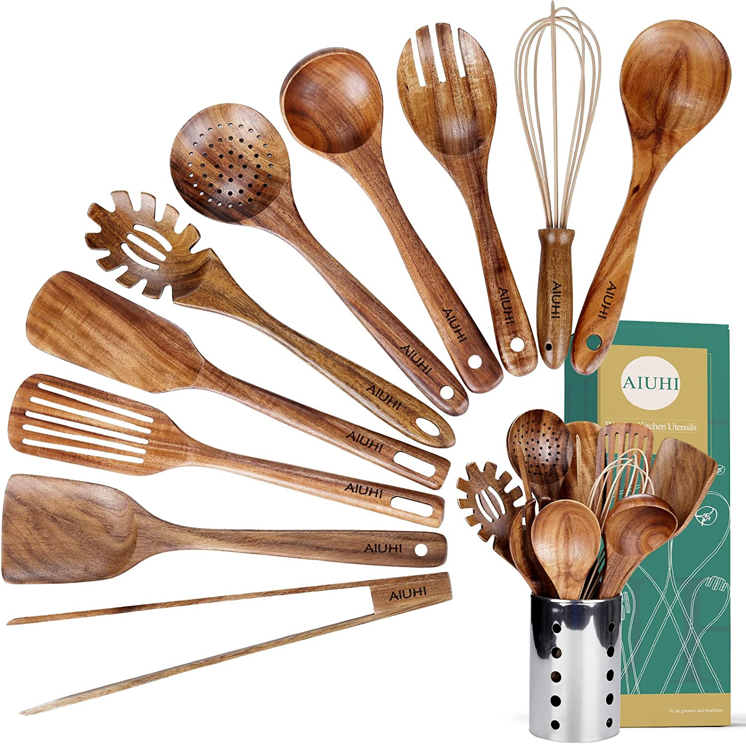 Kitchen Utenails Set with Holder,Kitchen Wooden Utensils for Cooking, Wood Utens