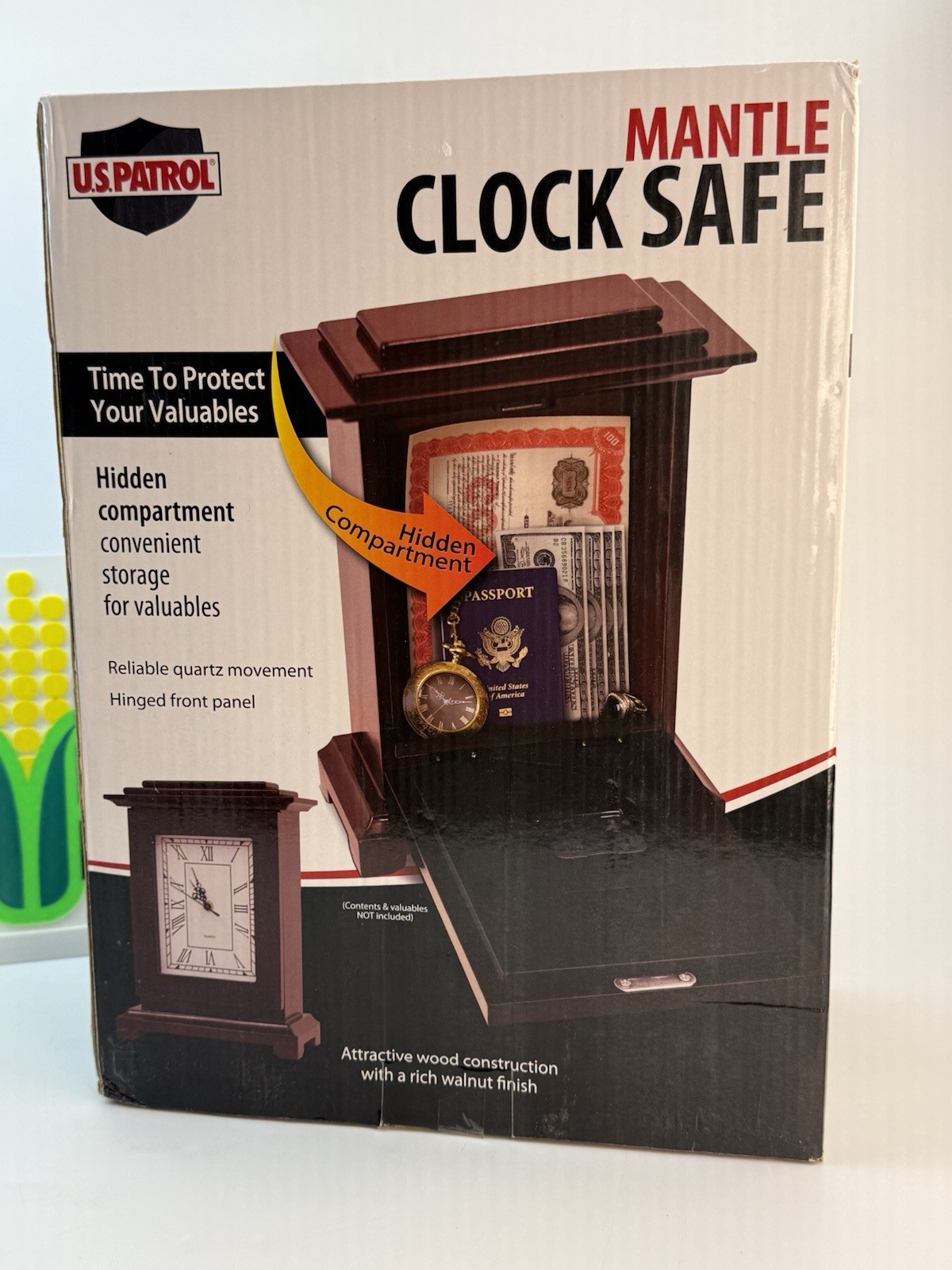 Mantle Clock Safe Protect Valuables Hidden Compartment Quartz Wood Walnut Finish