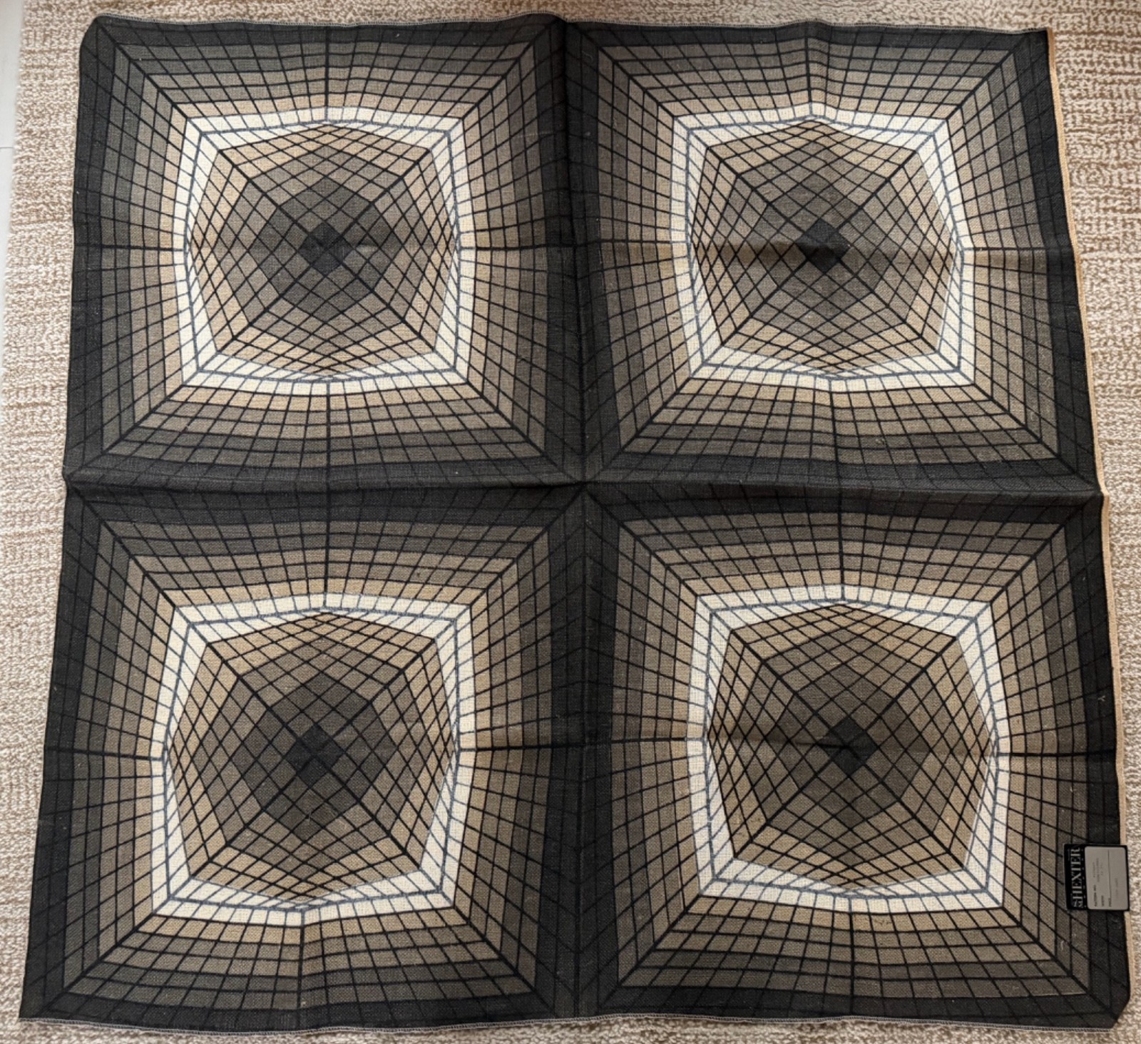Vintage 70s Geometric Op Art Jute Hand Printed Tapestry Sweden S.M Hexter Modern