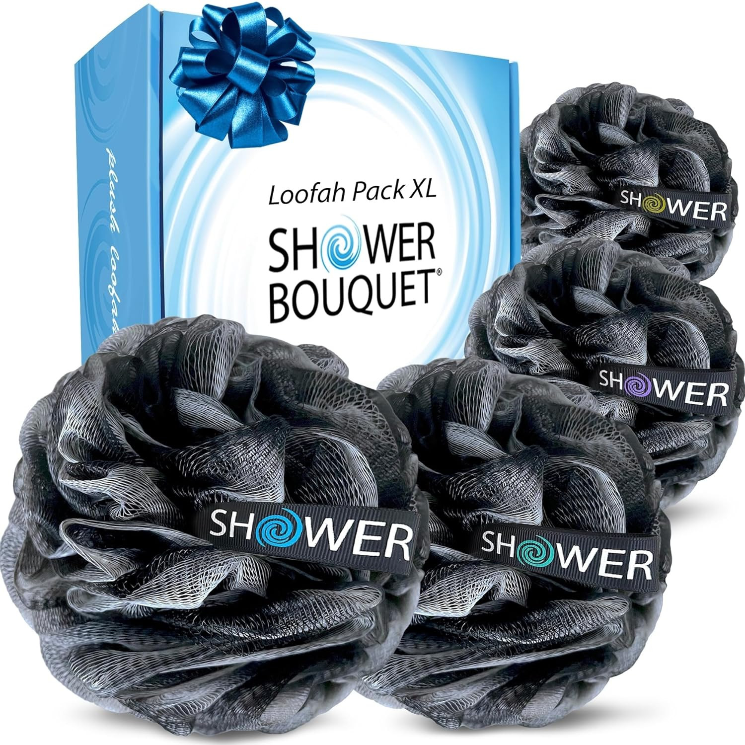 SHOWER BOUQUET Loofah-Charcoal Bath-Sponge-4-Pack // Extra-Large 75G Soft Mesh B