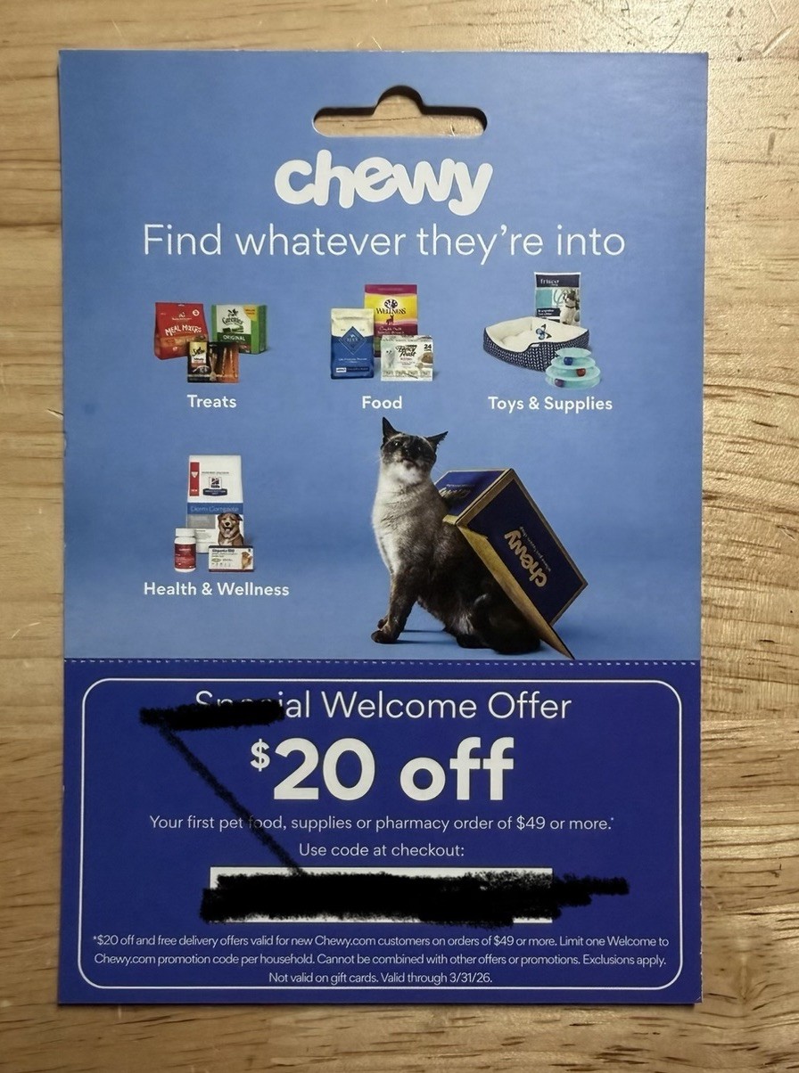 20 Off Chewy.com Exp 03/31/26 NEW CUSTOMER