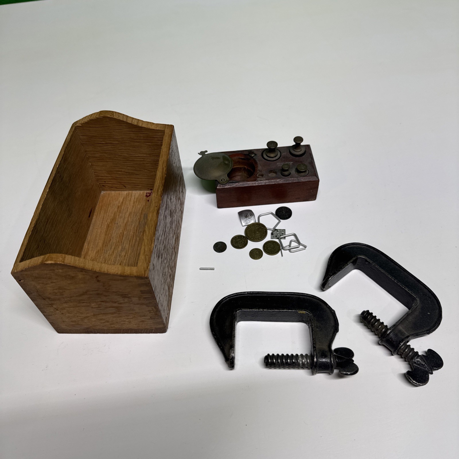 Vintage Brass Scale Weight Set Wooden Apothecary Lab With Clamps