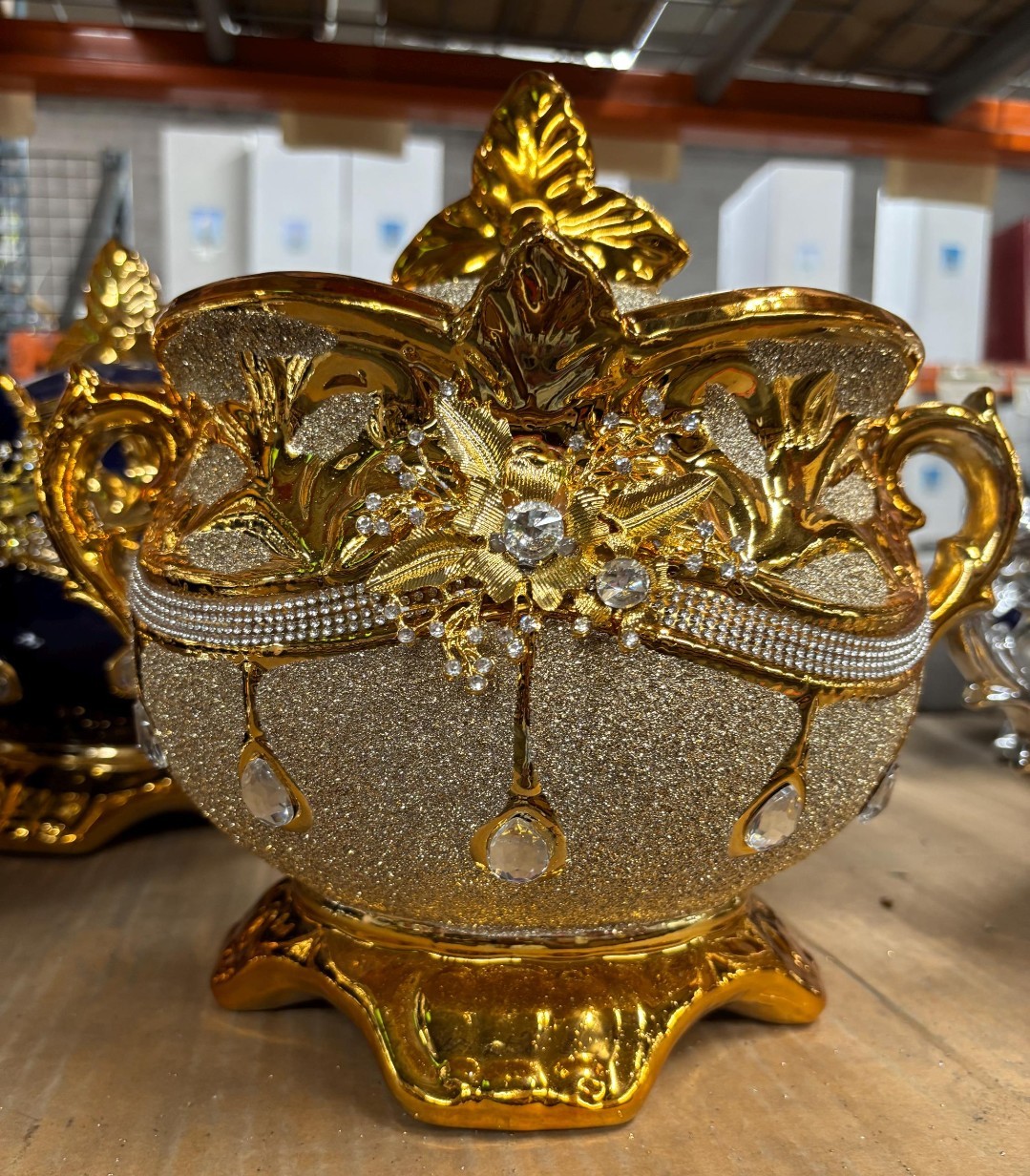 Gold Silver Metal Decorative Collectible Vase with Ornate Jeweled Embellishments