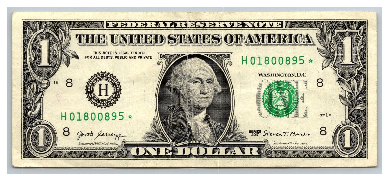 Fancy Serial Number One Dollar Bill Star Note Ser. No. H01800895* Series 2017