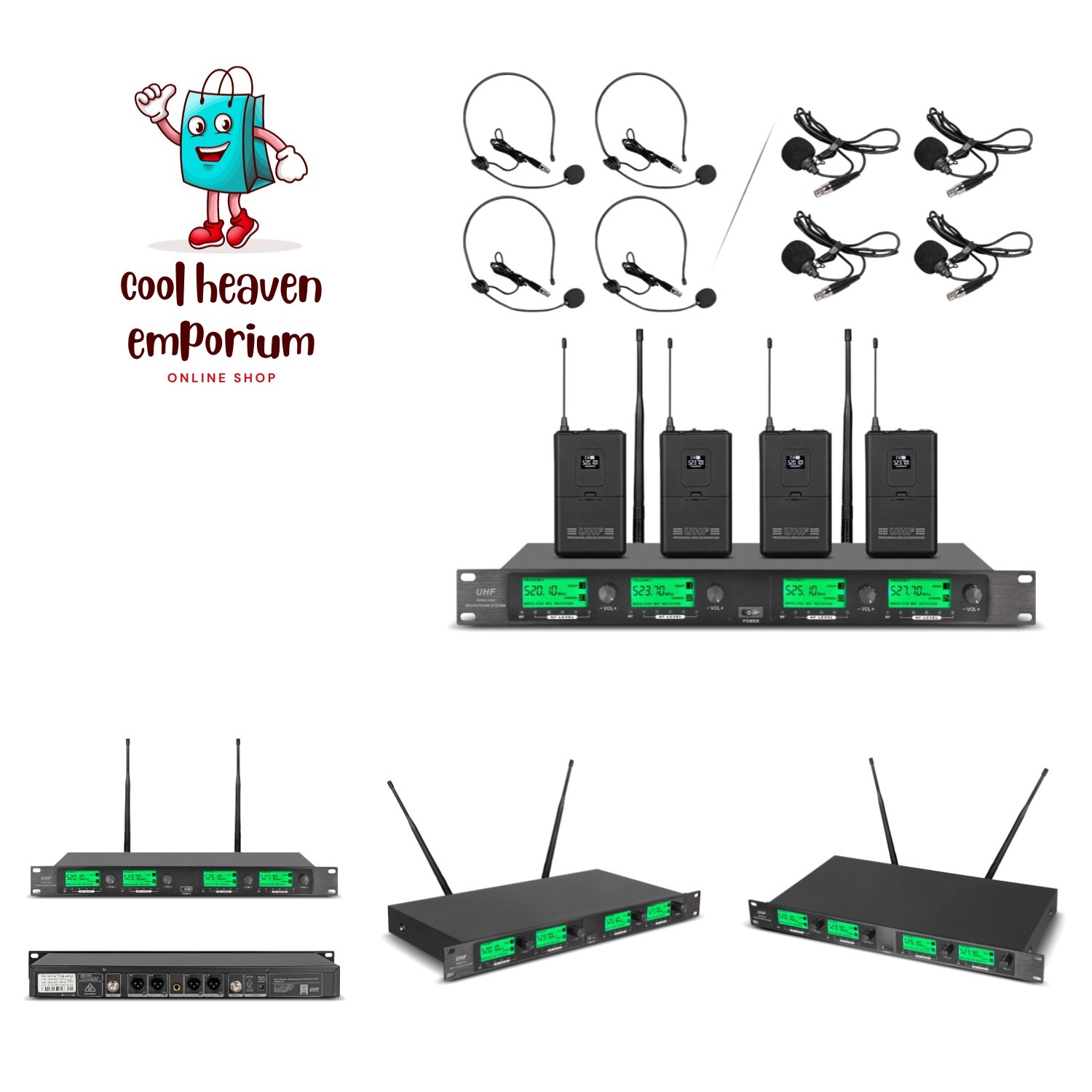Wireless Microphone System Pro UHF 4 Channel 4 Lavalier Bodypacks 4 Lapel Mic...