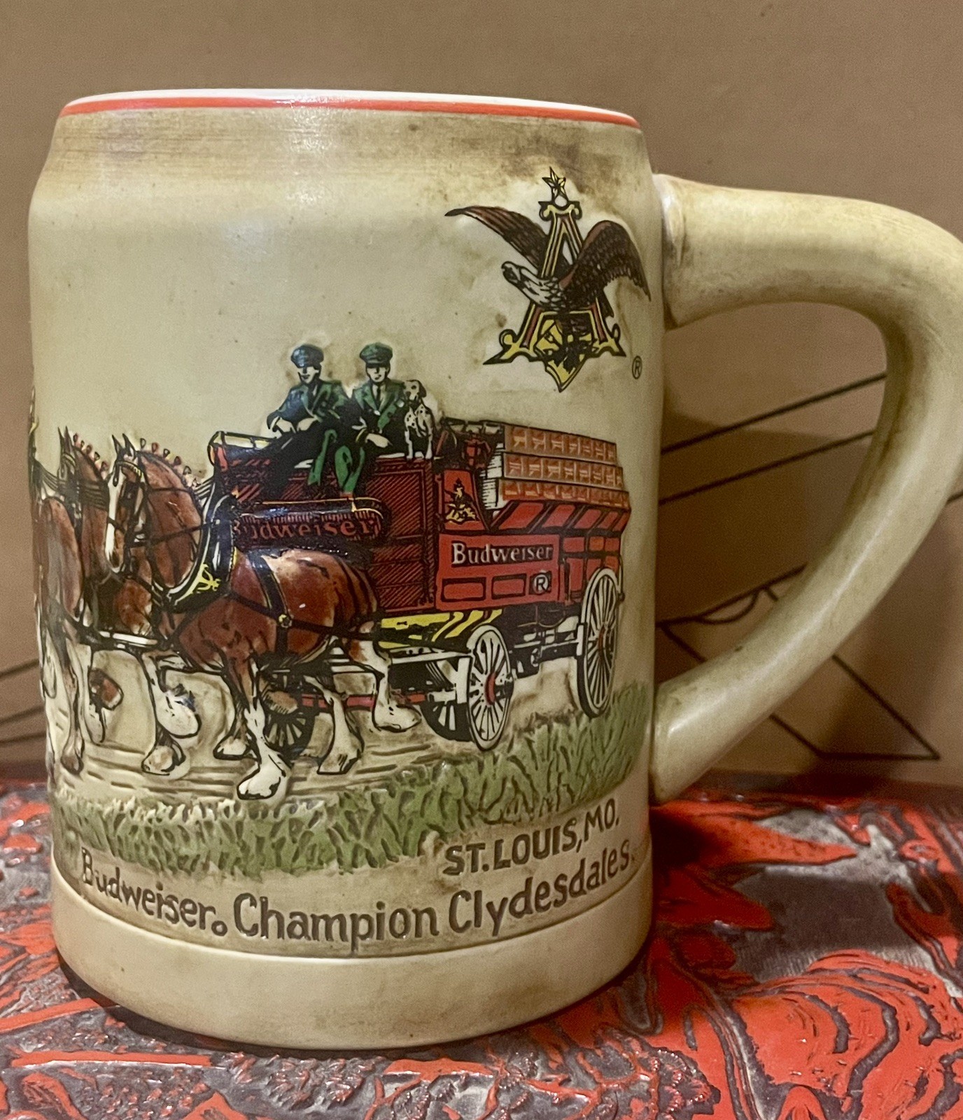 Vtg 1980 Budweiser Champion Clydesdales Holiday Ceramarte Mug Beer Stein Brazil