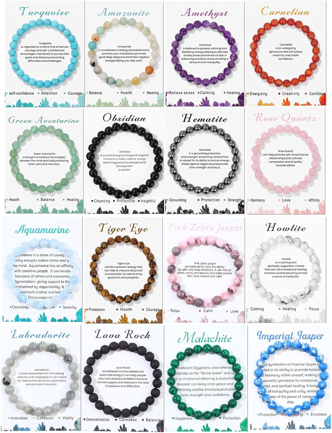 16PCS Natural Crystal Bracelets for Women Men - 8Mm Semi-Precious Gemstone Beade