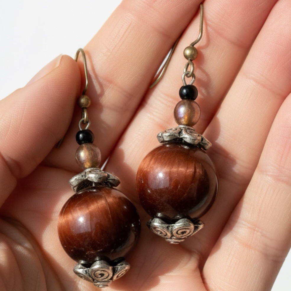 Tiger Eye Dangle Earrings Vintage Large Bead Boho Silver Tone Artisan