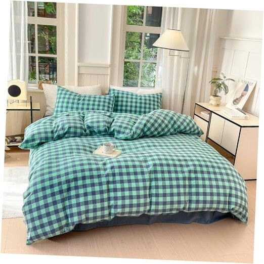  Bedding Duvet Cover Set100% Washed Cotton Duvet Cover King Blue Green Grid