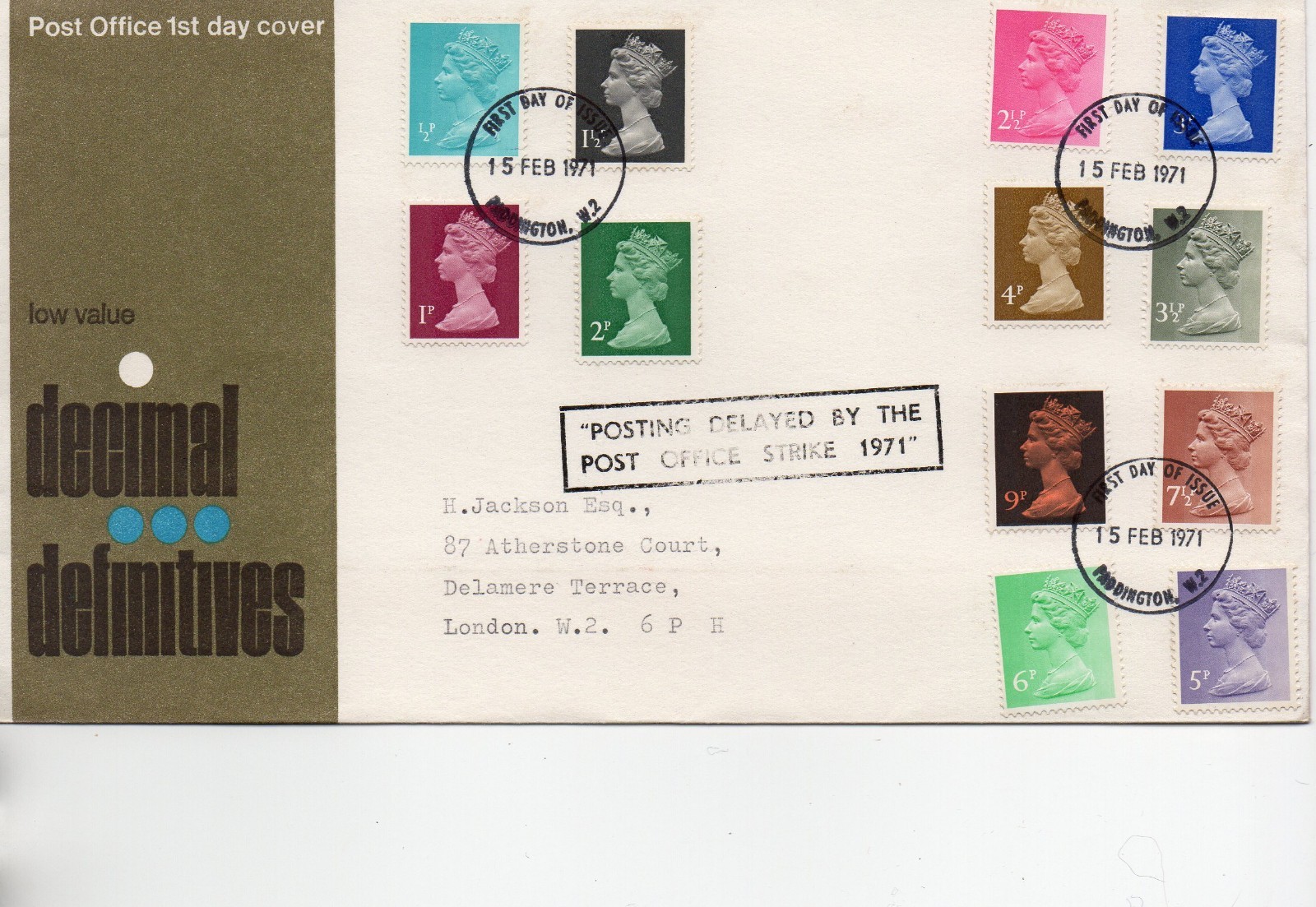 GB - First Day Cover (C 1 ) 1971 Machin 12 values to 9p. - pmk. Paddington