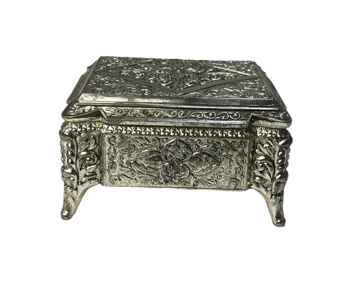Vintage Metal Footed Jewelry Box Floral Engraved Lidded Trinket Windup Music Box