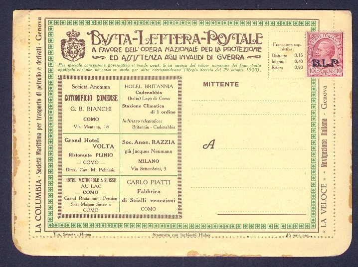 ITALY SERIES 46 10 CTM BVSTA LETTERA POSTALE STNY