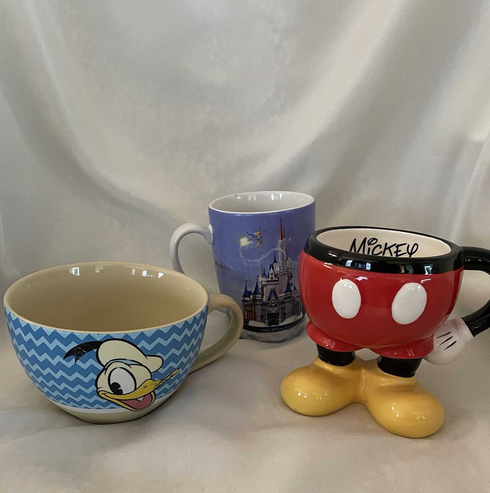 Lot Of 3 Disney Mugs, Mickey Pants, Donald Duck & Disney Castle