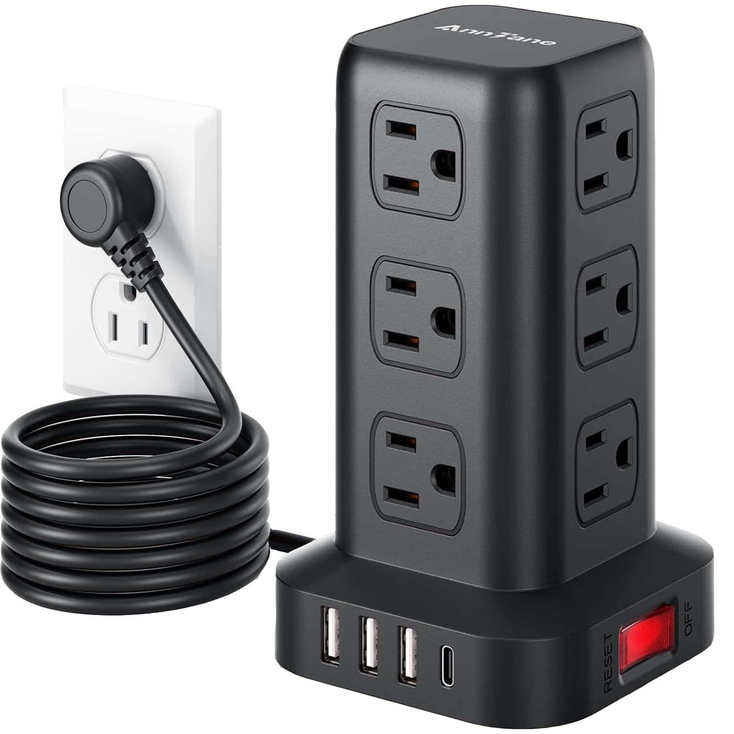 AnnTane Power Strip Tower 6.5ft Cord, 12 AC Outlets 4 USB Surge Protector