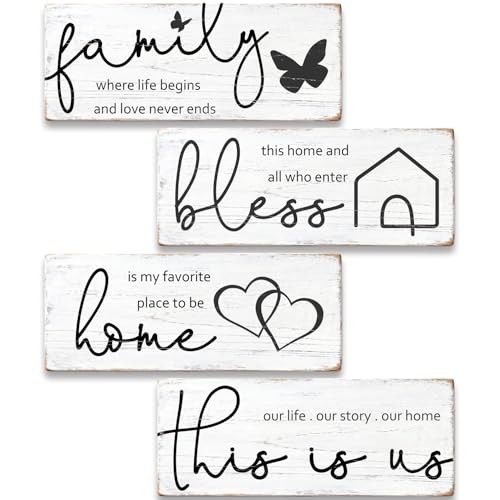 4 Pieces Rustic Wooden Signs Set with Inspirational Quotes, Farmhouse Room & 