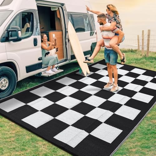  Outdoor Rug 8 x 10 Waterproof Checkboard Woven Carpet, Large Reversible 