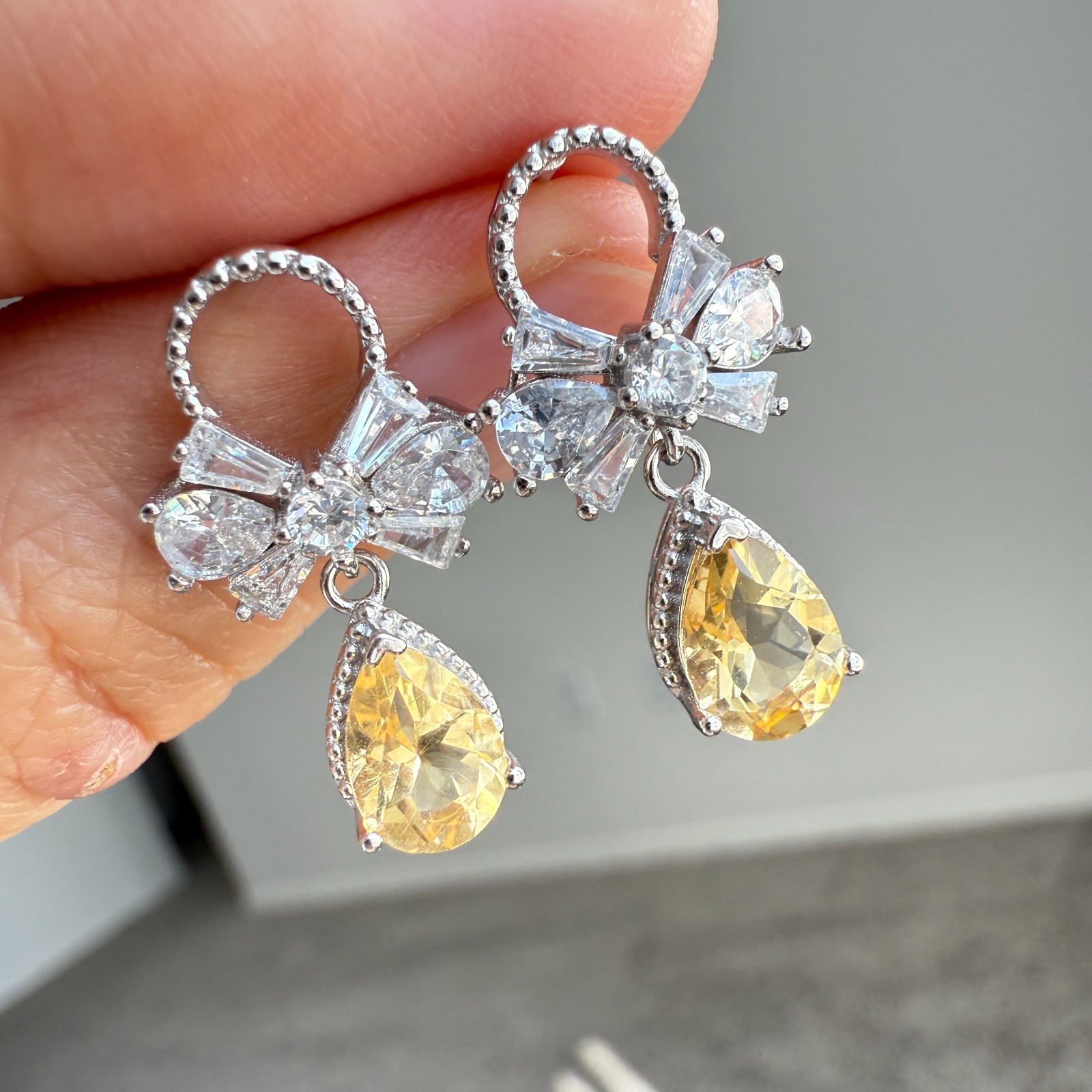 925 Sterling Silver Earrings 7x5mm Natural Citrine Gemstone Zircon Teardrop Gift