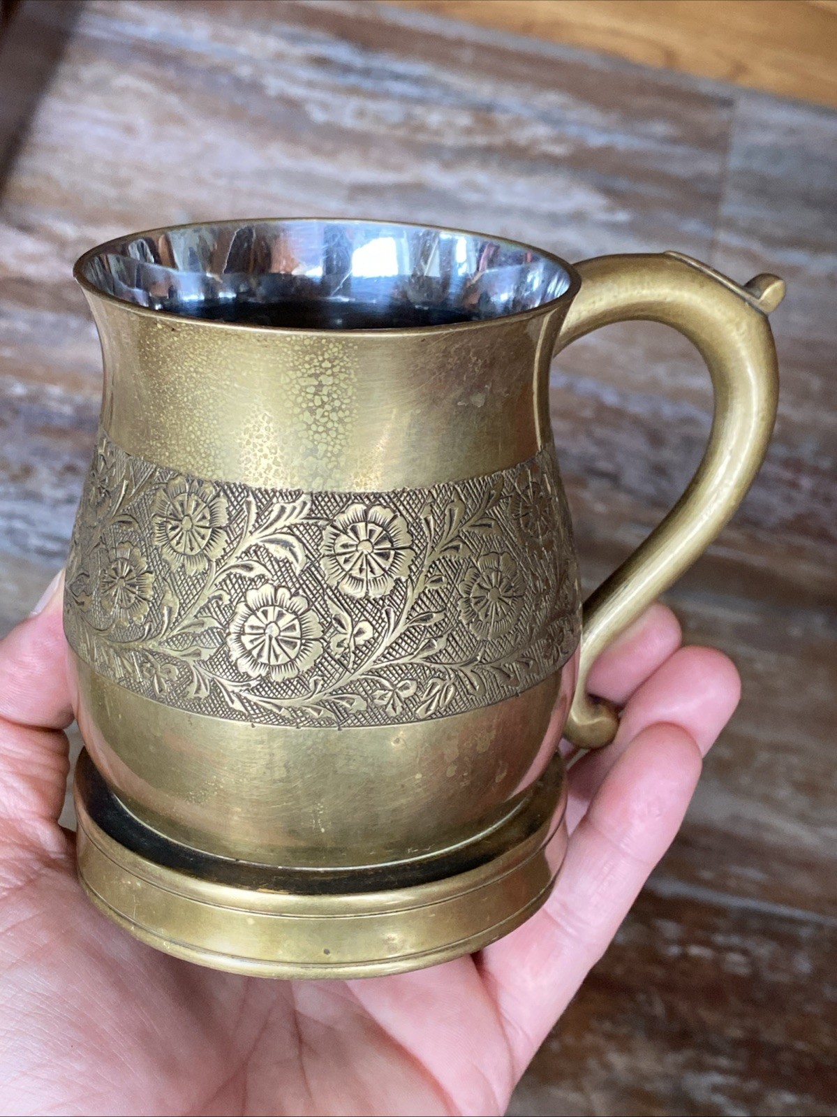 Vtg Ornate Etched Tinned Brass Stein Mug Cup Tankard Floral Motif Flowers Band