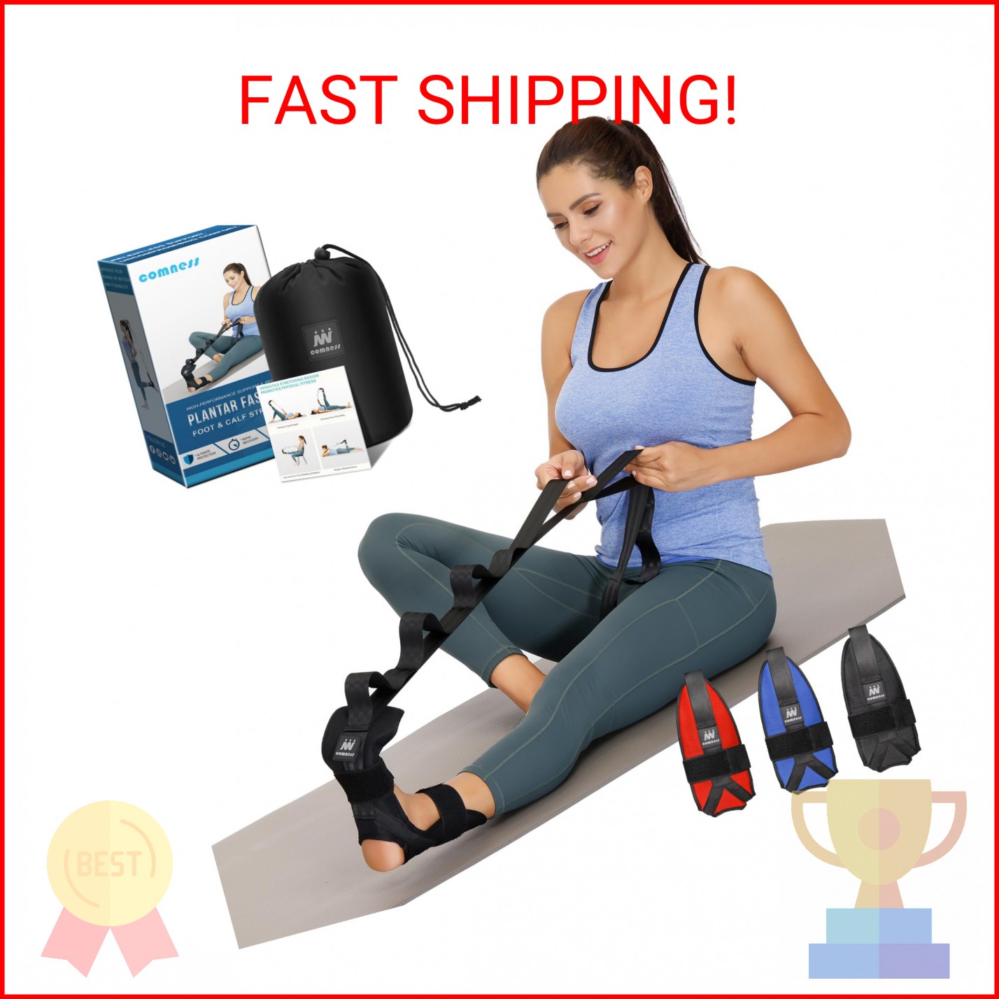 comness Foot and Calf Stretcher-Stretching Strap For Plantar Fasciitis, Heel Spu