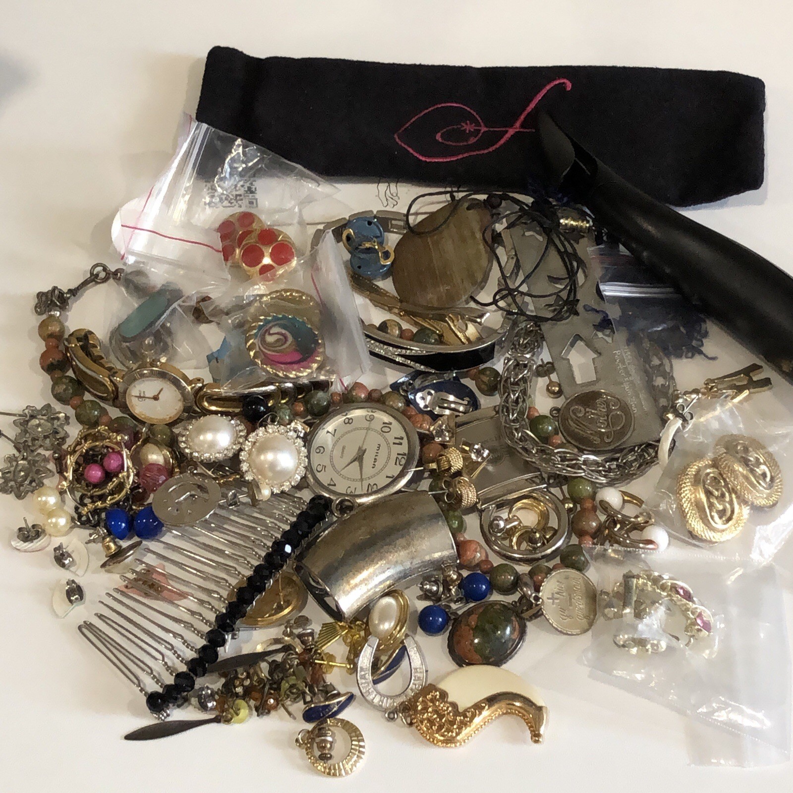 Mixed bag of Costume jewelry parts Watches Earrings items CS24