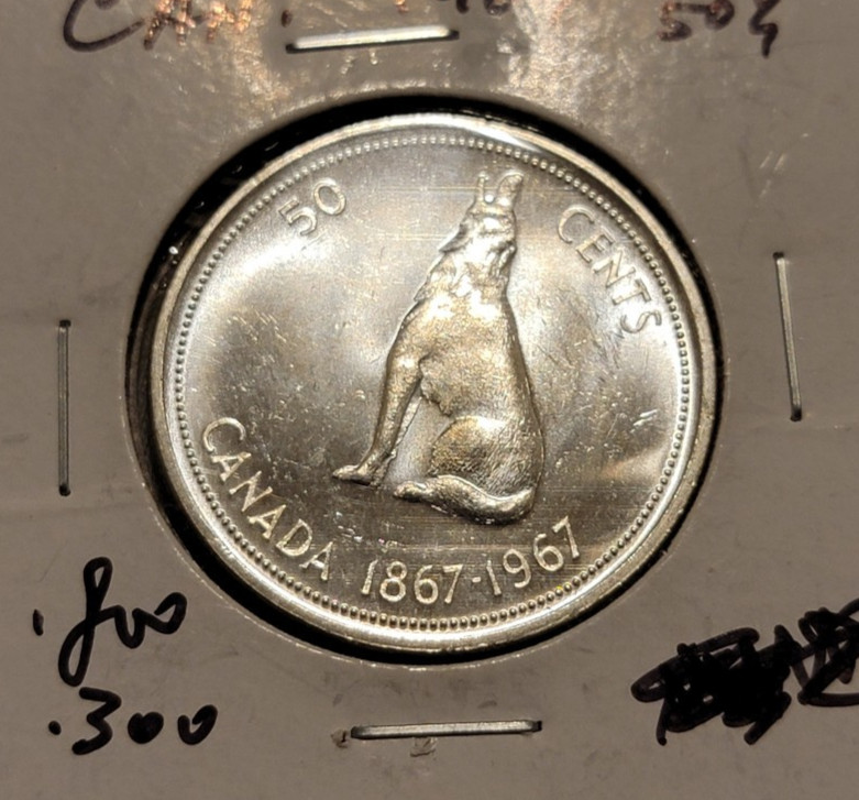 1967 Canadian Howling Wolf 50 Cents Half Dollar Canada 80% Silver Coin Unc #2
