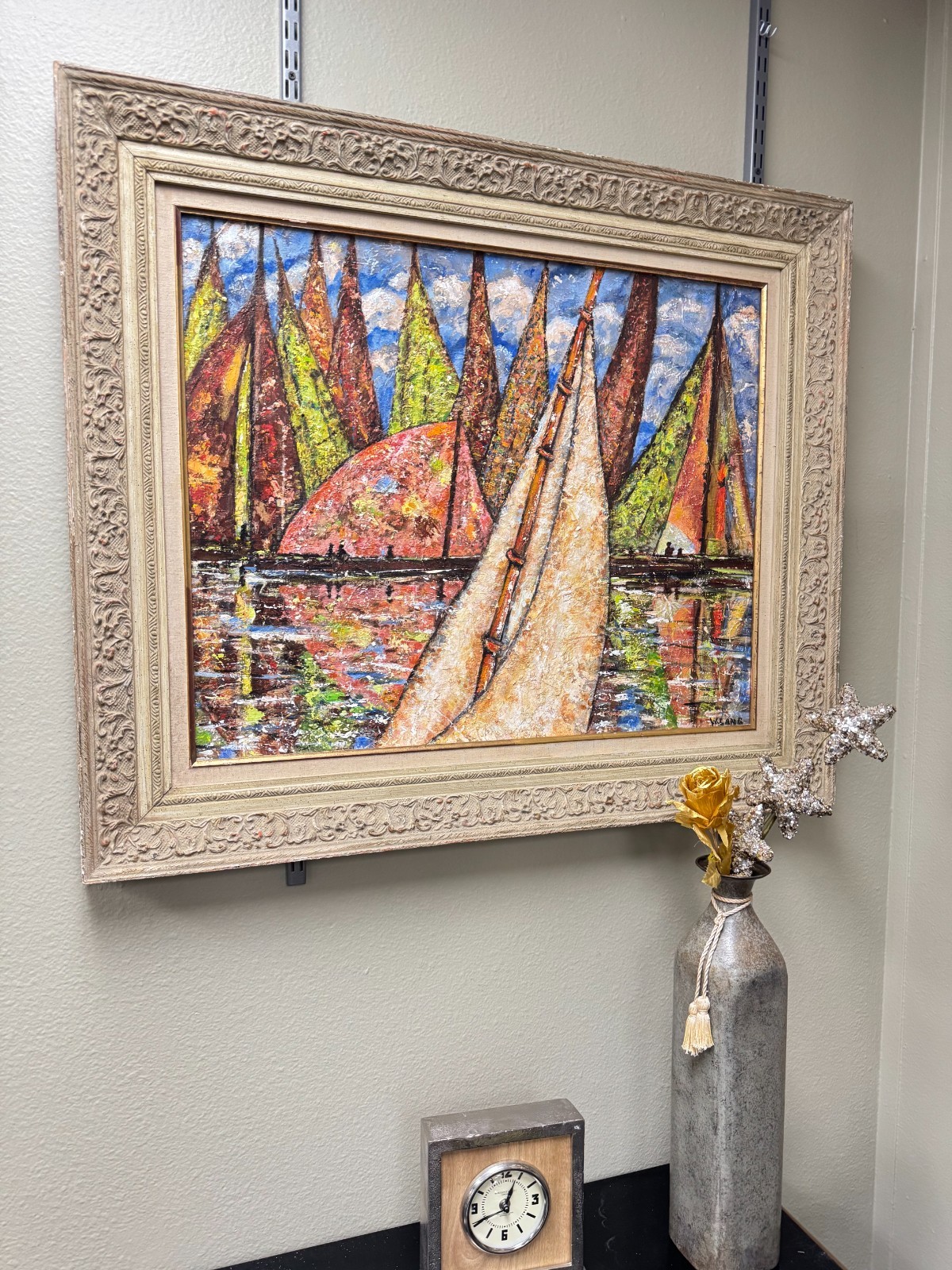 Vintage Sailboat Harbor Painting by W. Lang – Textured Impasto Seascape, 38x32