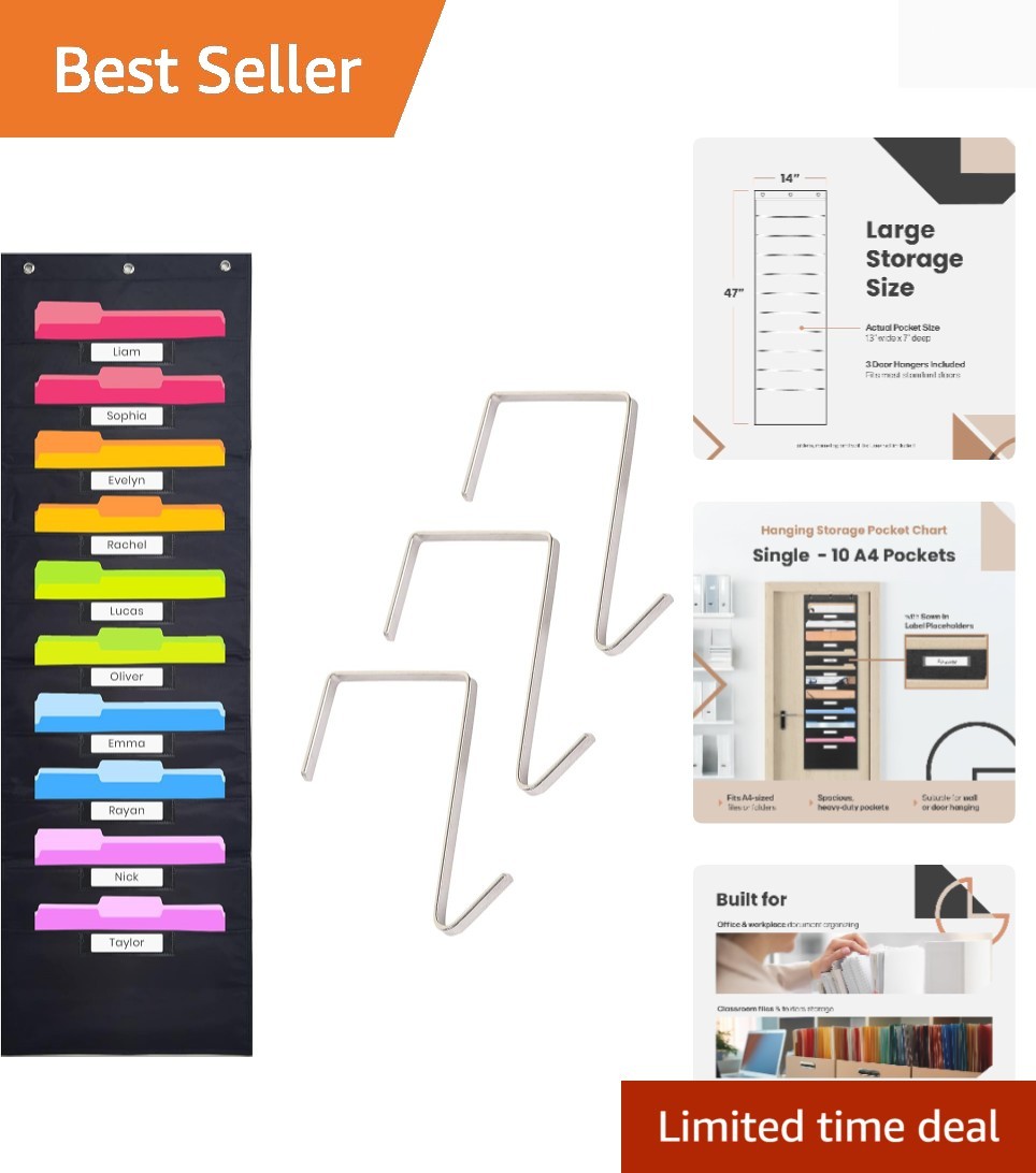 10-Pocket Classroom Organizer - Black Nylon Chart with Over Door Hangers
