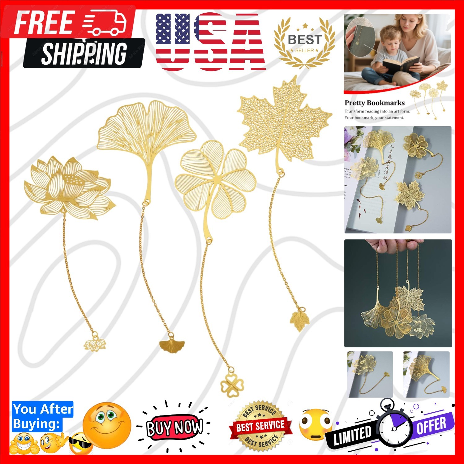 4 Pack Metal Bookmarks with Chain, Golden Hollow Bookmark Gift for Book Lover...